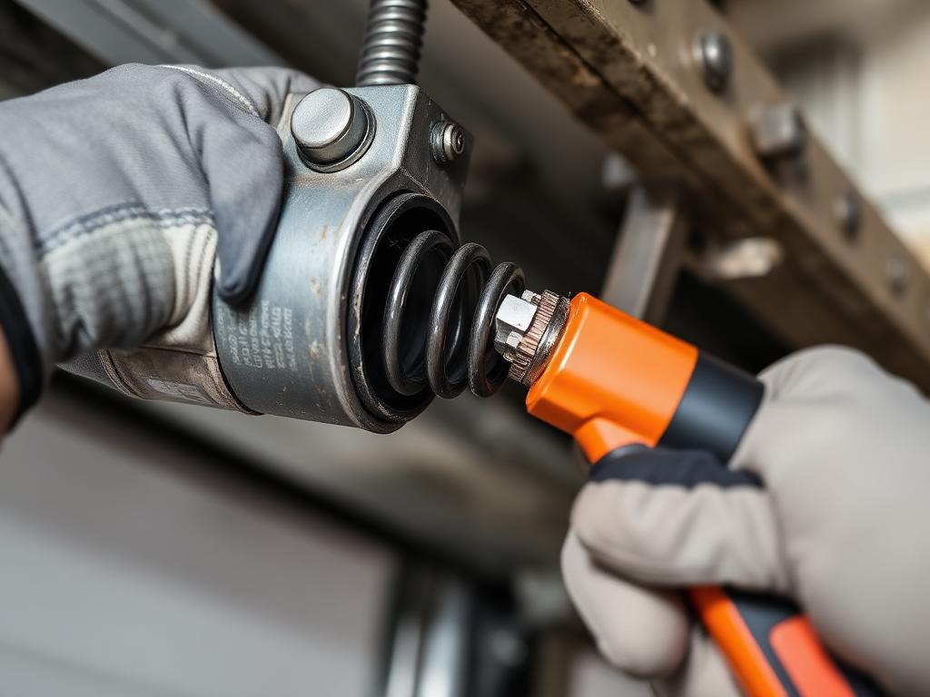 Close-up of a garage door spring being replaced