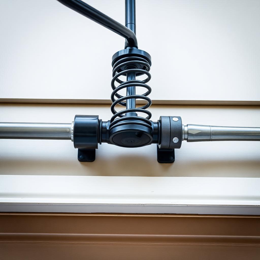 Close-up of a residential garage door torsion spring on the shaft